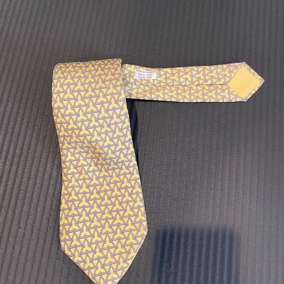 Hermes Paris Mens Tie Geometric Pattern Silk Yellow 7453 HA - Picture 3 of 5